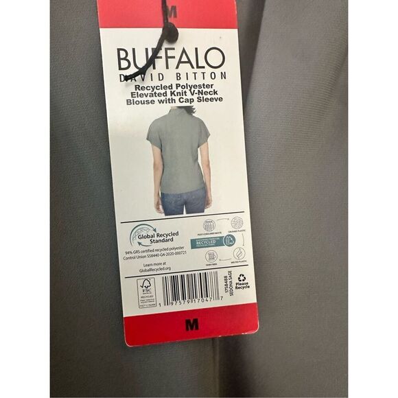 BUFFALO David Bitton Gray Elevated V Neck Blouse With Cap Sleeve Size Medium - Picture 3 of 5